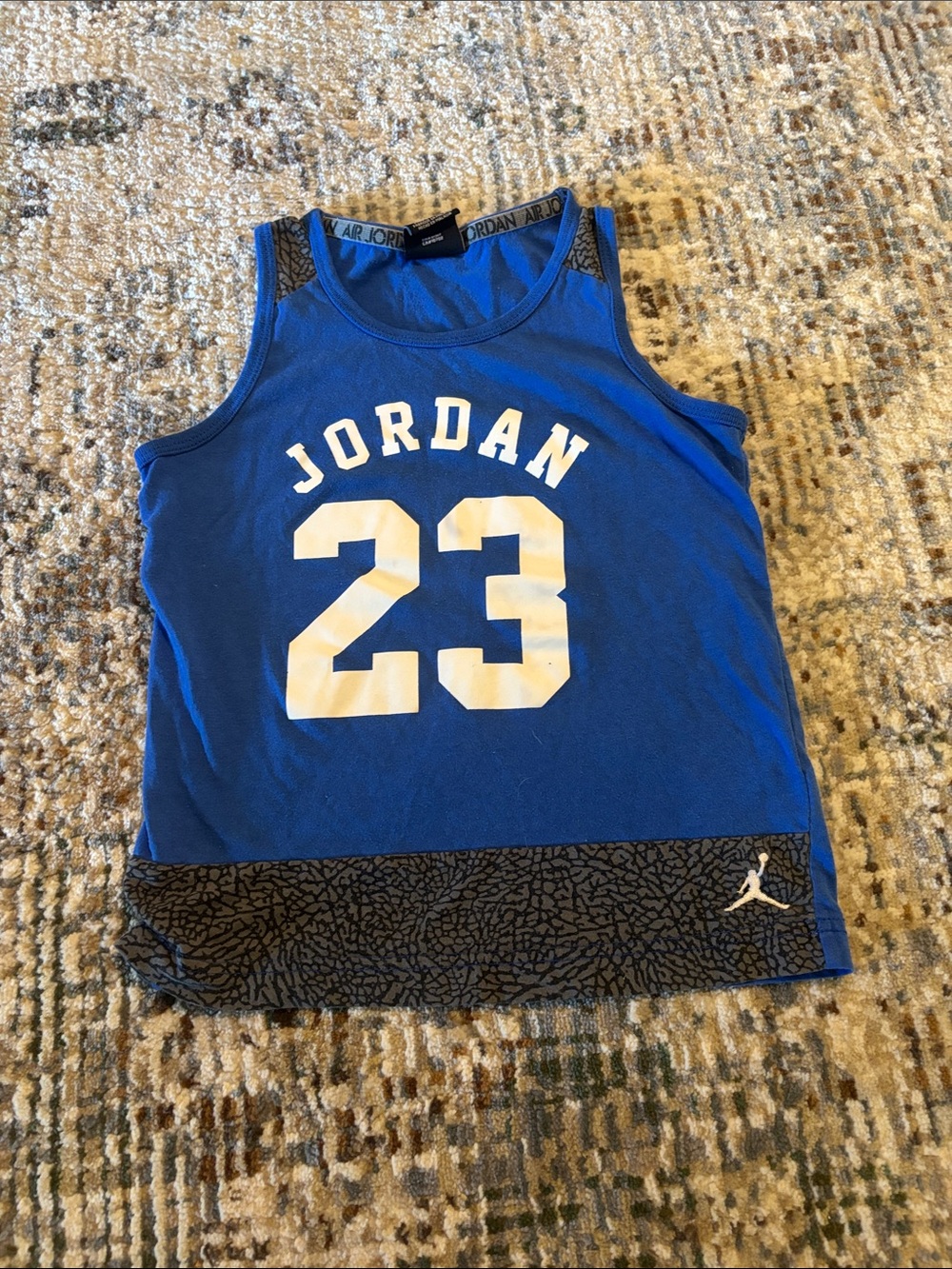 Jordan Royal Blue '23' Tank Top with Gray Elephant Print Hem